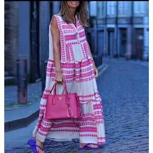 Collection by Cezele Pink Geometric Tiered Maxi Dress Medium Boho Sleeveless